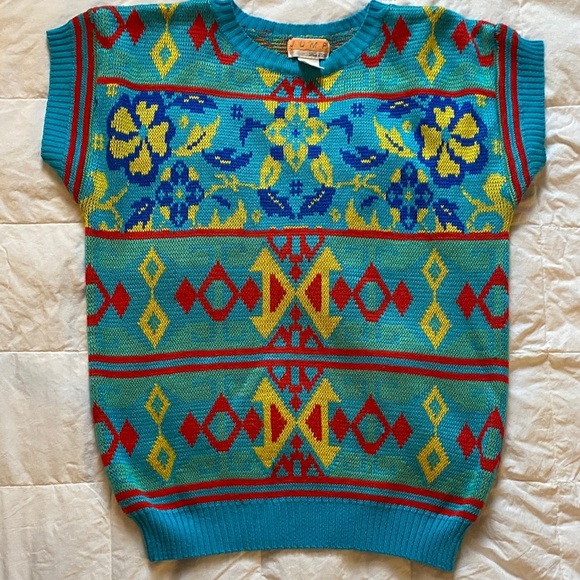Jump Sweaters - Jump  By Eve Roth Turquoise Knit sweater with Geometric & Floral Motifs